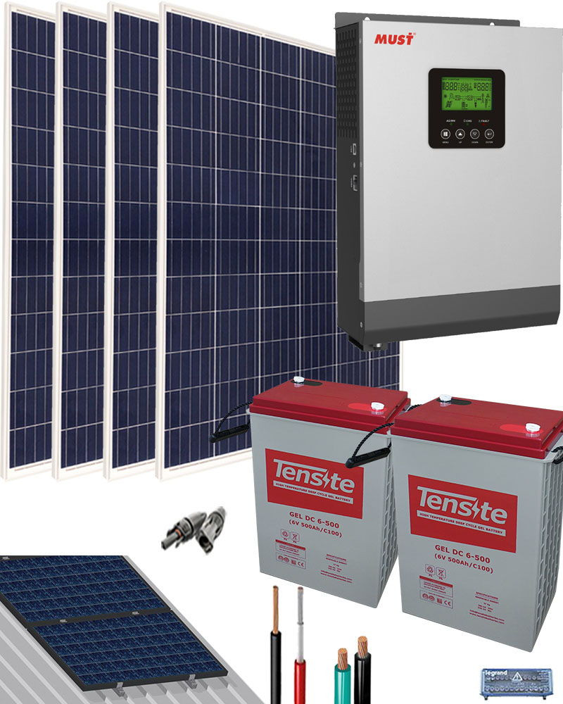 Kit Solar Fotovoltaico 1000W 12V 3000Whdia con Batería de Gel